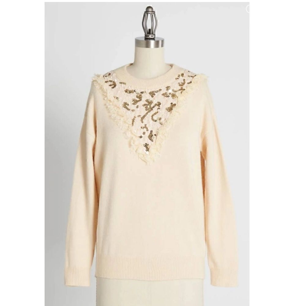 Modcloth Molly Bracken Gold Sequin Lace Yoke Sweater Cream S